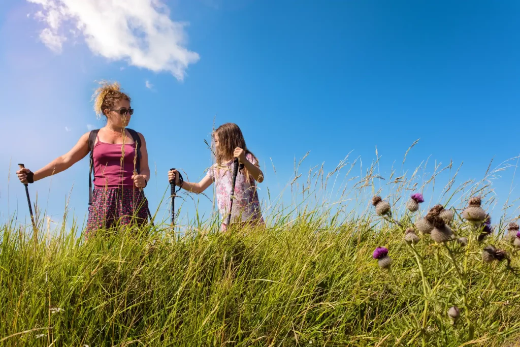 famille de randonneurs sur le chemin de Saint-Jacques-de-Compostelle dans les Landes.